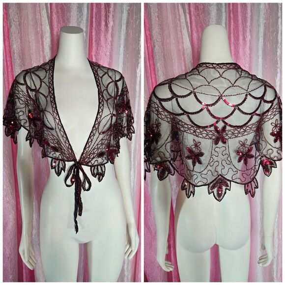 Unbranded Accessories - Exquisite Red Floral Lace Beaded Caplet Shawl Wrap One Size